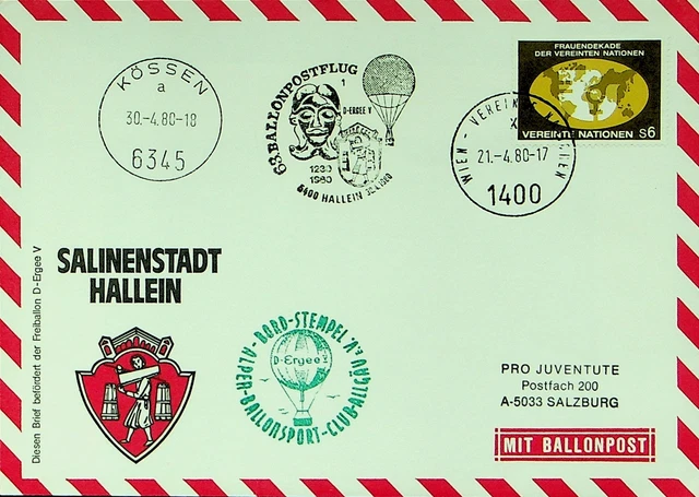 Un Österreich 1980 Pro Juventute Balloon Post Illustrated Abdeckung W/6s &