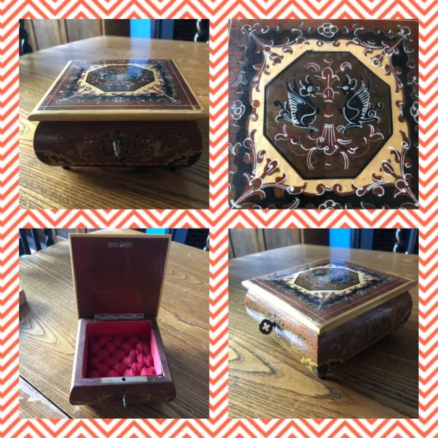 Vintage Italian Square Wooden Inlaid Box Red Padded Lined With Key Jewellery