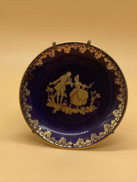 Beautiful Vintage Miniature Limoges France Blue & Gold Plate with Dancing Couple