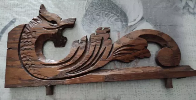 12" Pair Antique French Wood Carved Oak Gothic Dragon Pediment Architectural 2