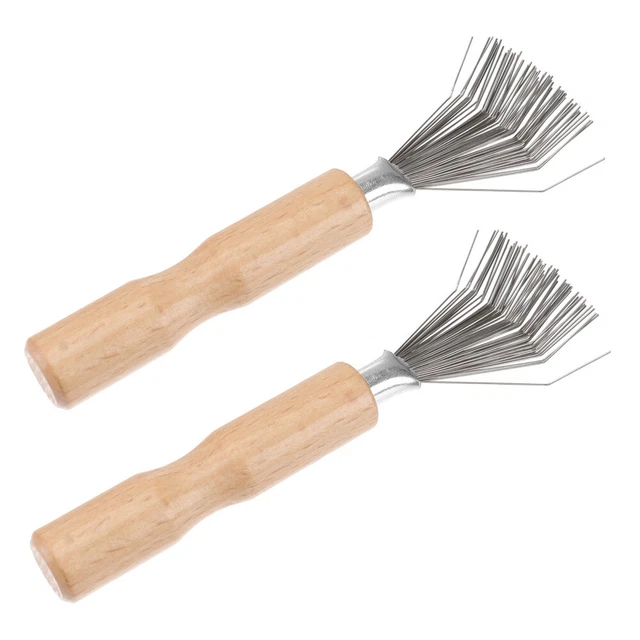 2 PIEZAS garras de limpieza de peine peine de metal herramienta de depilación mango de madera peine