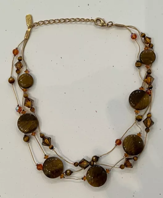 Dabby Reid 3 Strand Tiger Eye Crystal Bead Necklace with gold toned metal