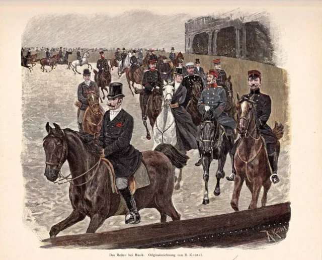 Pferdesport, Reitsport - Reiten in der Halle bei Musik - Stich Holzstich um 1895