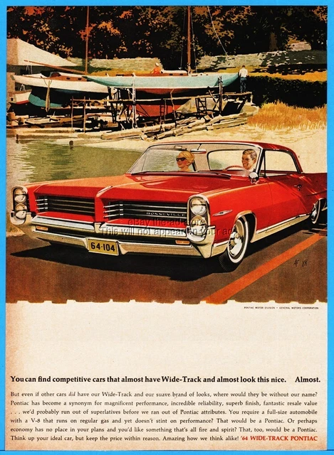 1964 Pontiac Bonneville Wide Track Red Coupe Car Sailboat AF VK Art 1963 Ad