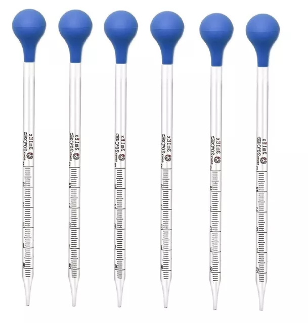 6Pk 3ml Glass Graduated Dropper Pipettes Lab Dropper with Red Rubber Cap & Scale