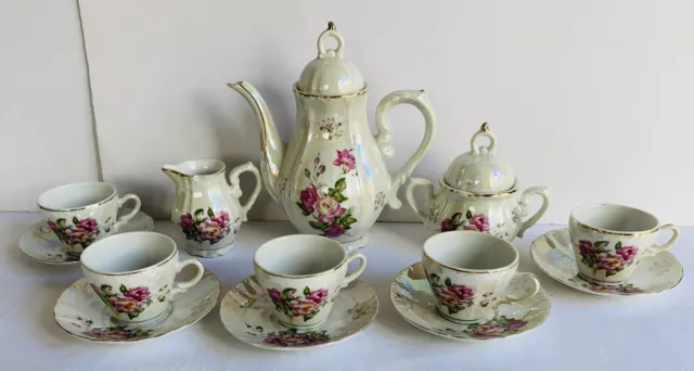 ROSES Flower Floral Design Vintage 13pc Teapot Tea Saucer Set Iridescent Japan