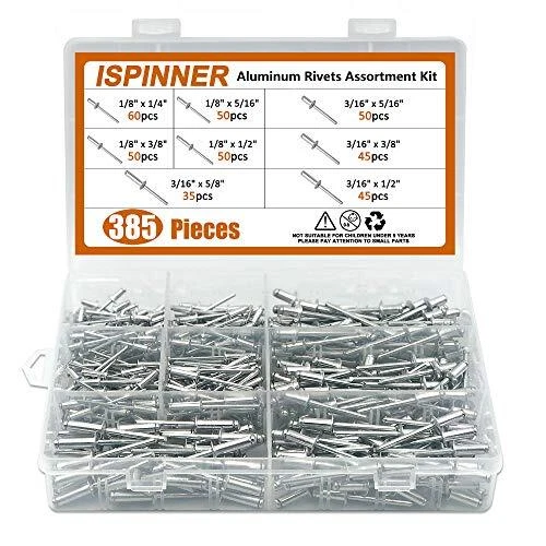 ISPINNER 385pcs 8 Sizes Aluminum Blind Rivets Pop Rivets Assortment Kit Silver