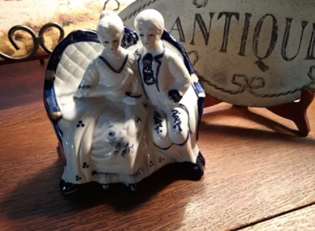 Vintage Colonial Porcelain Figurine Sitting Couple White Cobalt Gold