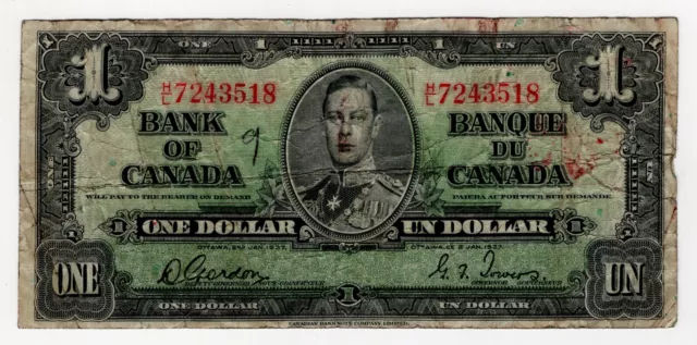 1937 Bank Of Canada One 1 Dollar Bank Note Hl 7243518 Nice Bill Gordon