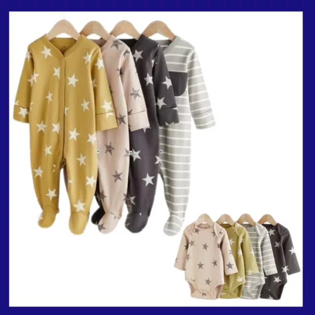 Baby Boys Girls Cotton Sleepsuits/ Babygrows & Matching Vests 0-3 Months 4 Pack