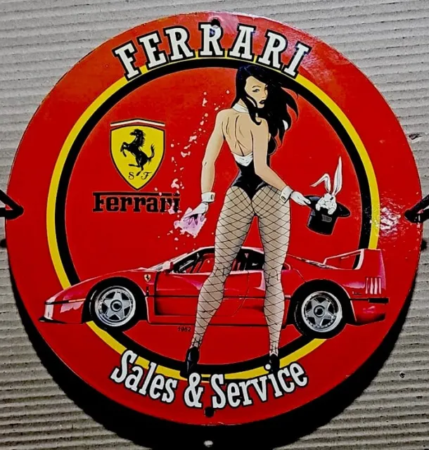 Classic Ferrari Sales And Services Garage Mancave Pinup Porcelain Enamel Sign.