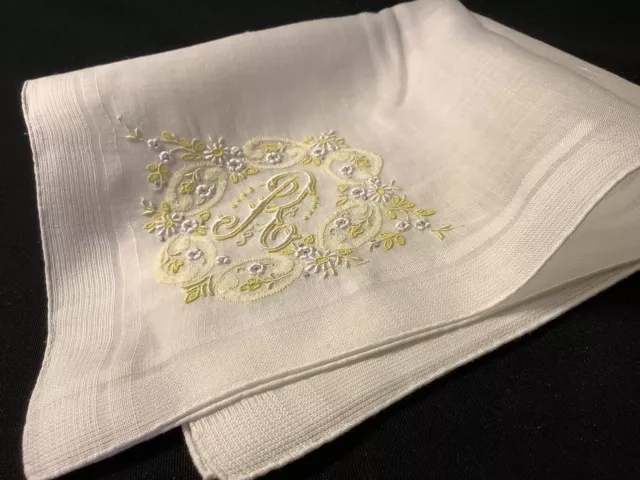 10308🌟 Vintage 40s Madeira Yellow Monogram “R” Wedding Handkerchief Heirloom