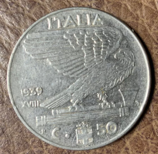 World War II Coins: 1 - Italian Fascist Mussolini Era C50 centesimi coin 1939