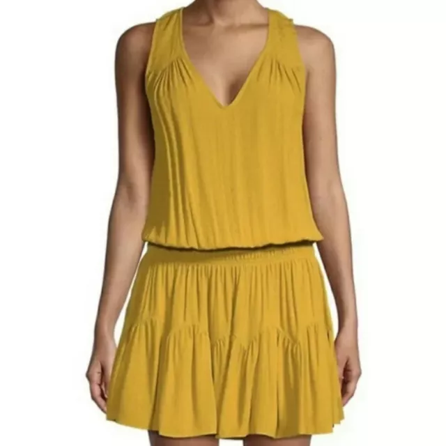 NWT Ramy Brook Perry Blouson Sleeveless Smocked Mini Dress Mustard Gold Small