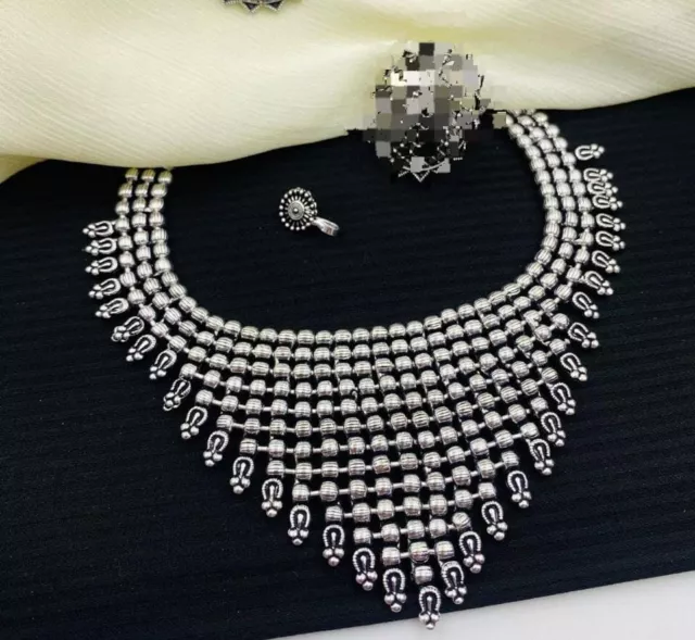 Ethnic Bollywood Afghani Indian Silver Plated Oxidised Heavy Necklace Earrings