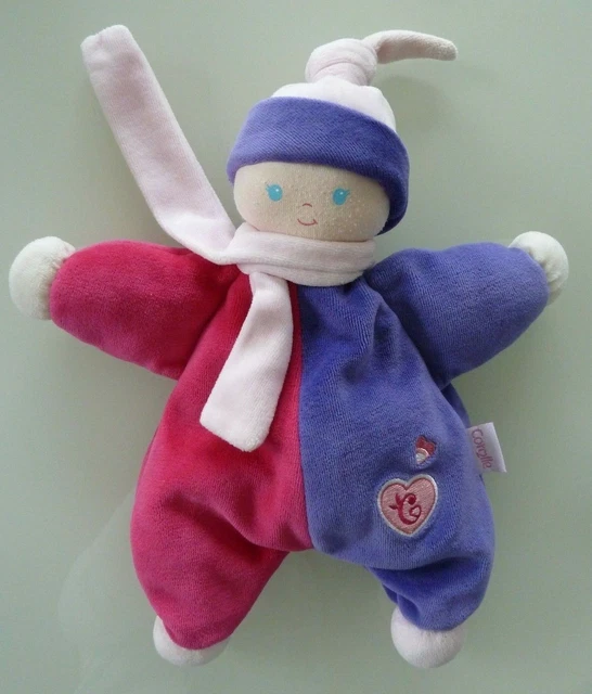 *. Doudou Corolle Poupee Lutin  Rose Fushia Violet Coeur Bonnet Echarpe - Tbe