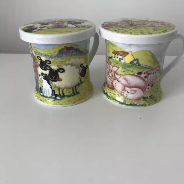 2 x Leonardo Fine Mugs / cups with Lids Chloe Thomas - Farmer Sheep Pigs