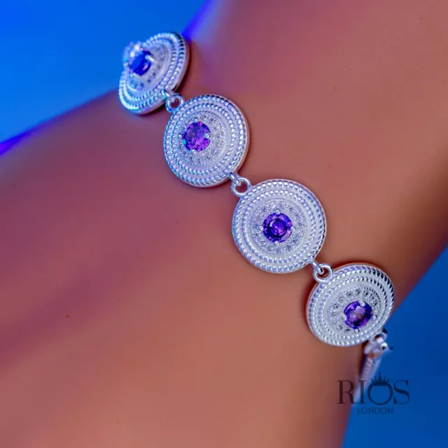 925 Sterling Silver Purple Ladies Round Bracelet Lab-Created Amethyst Boxed