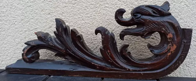 13"  Antique French Wood Carved Oak Gothic Dragon Pediment Architectural