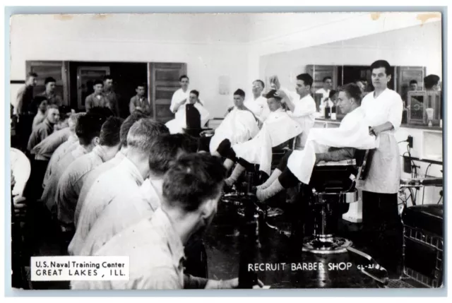 Great Lakes IL Postcard RPPC Photo US Naval Training Center Recruit Barber Shop