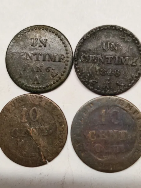 4 pièces de monnaie françaises 1 centime Dupré et 10 Cent. Napoléon 1er