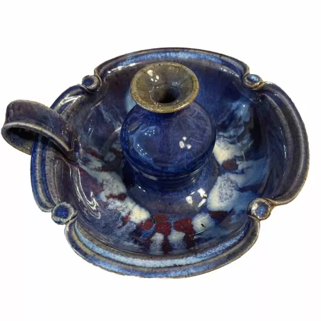 Handcrafted Signed Studio Art Pottery Stoneware Oil Lamp Rustic Blue Glaze 6.5”