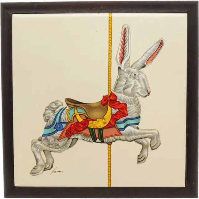 Lowell Herrero Carousel Bunny Tile Trivet, 7" vtg 80s Framed Wall Hanging Easter