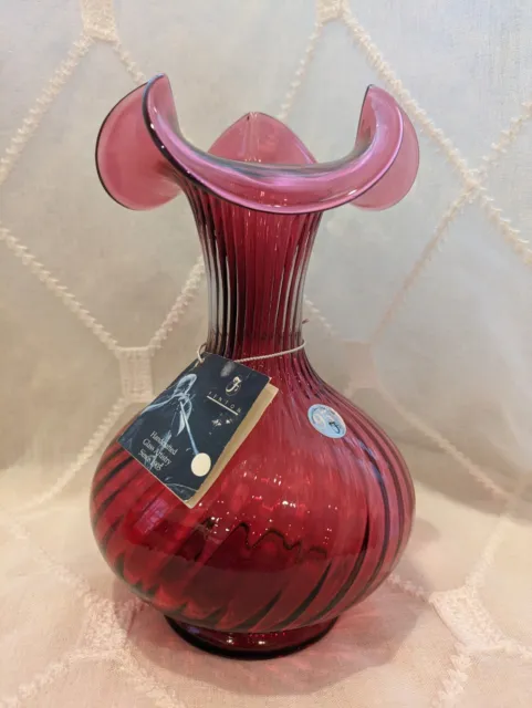 Vintage Fenton Art Glass Vase, Swirl, Ruffled, 8 in, Cranberry Rouge Pink