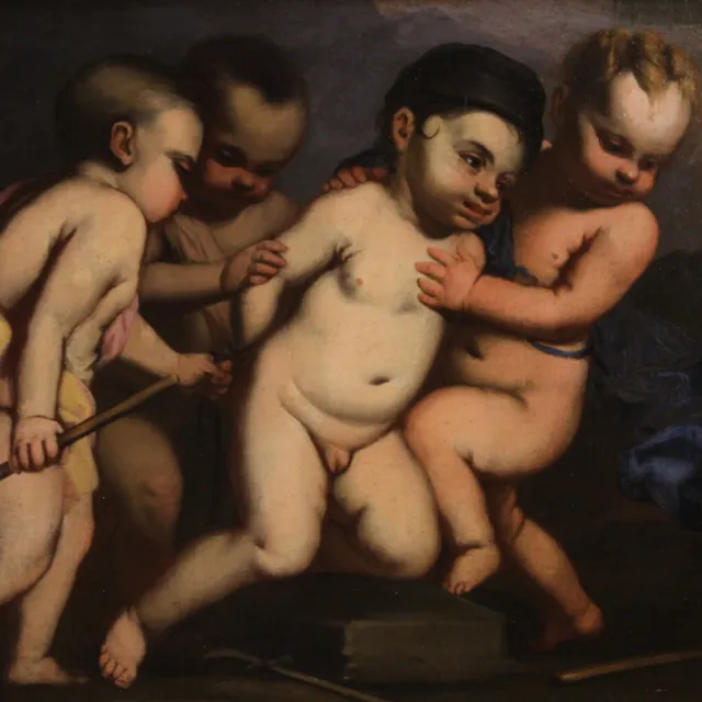 Juego de querubines pintura antigua oleo sobre lienzo cuadro arte siglo XVII