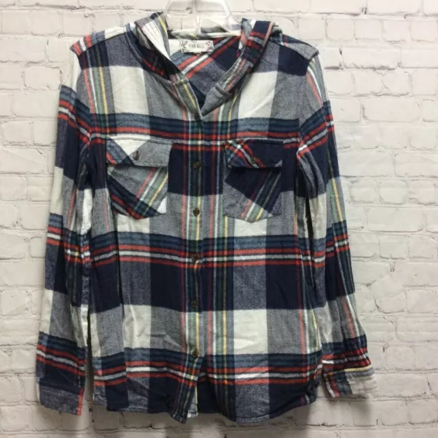 Pink Rose Womens Button Front Flannel Shirt Blue Red Plaid Long Sleeve Hooded M