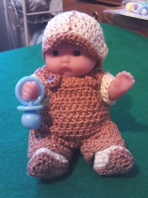 Sweet Precious Miniature 5" BABY DOLL with Brown and Tan Overall Outfit