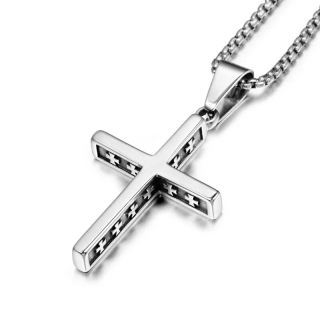 Silver Stainless Steel Black Cross Pendant Mens Women Chain Necklace Crucifix ◁