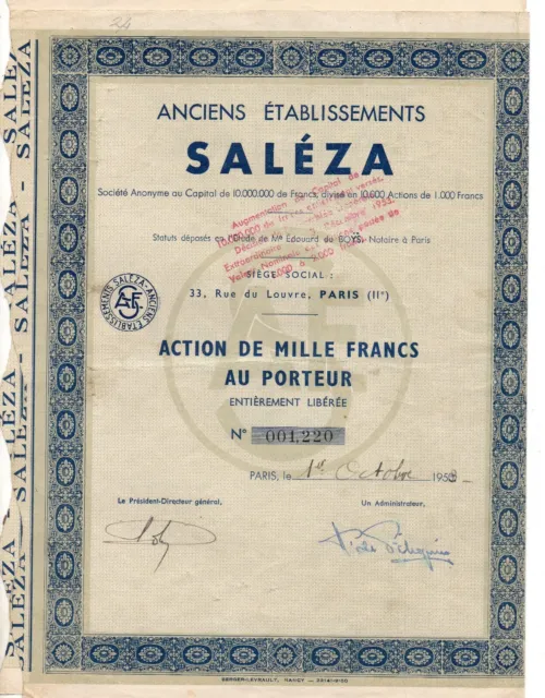 Action Anciens Etablissements Saléza, de 100 Francs, de 1953 avec coupons