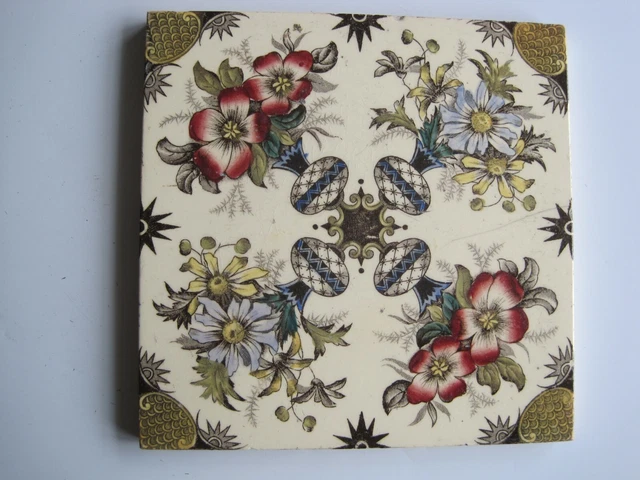 ANTIQUE VICTORIAN PRINT AND TINT AESTHETIC FLORAL WALL TILE No.2670 -W & E CORN?