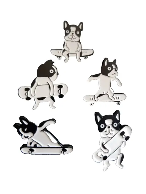 Boston Terrier Skateboarding Dog Enamel Pin Badges Set x5