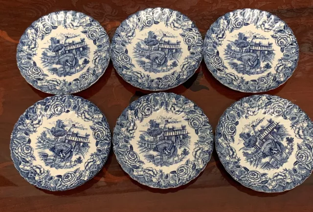 6 ENGLISH COUNTRY SCENES by BRITISH ANCHOR ENGLAND - Blue & White - Side Plates