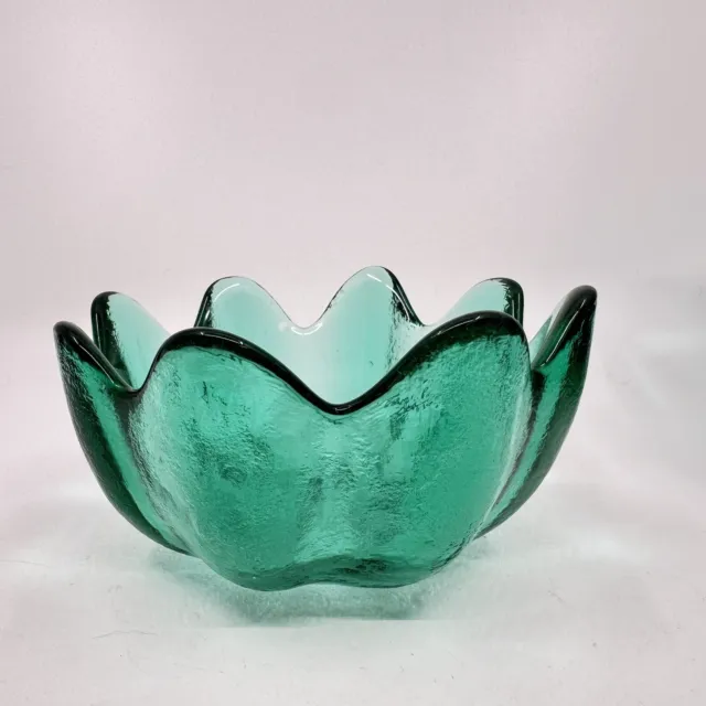VTG Blenko Teal Green Textured Art Glass 8 Petal Lotus Flower Bowl
