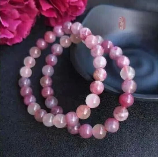 Natural Pink Lepidolite Tourmaline Clear Women Round Beads Bracelet 8mm AAAA