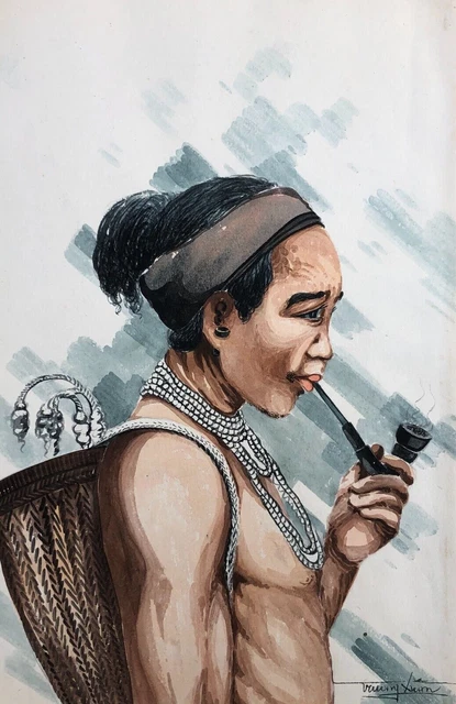 Acuarela vietnamita antigua, Firma para identificar, Artes asiáticas, XX