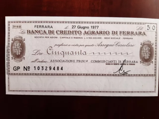 MINIASSEGNO 50 LIRE - Banca di credito agrario di Ferrara - 1977