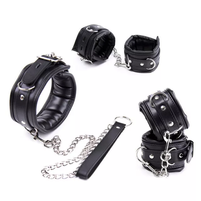 PU Leather Collar Cuffs Wrist Hand Ankle Restraint System Bondage Soft Padded 3