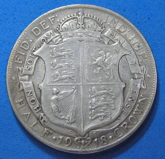 1918 UK Great Britain .925 Sterling Silver Half Crown 1/2 Crown, KGV
