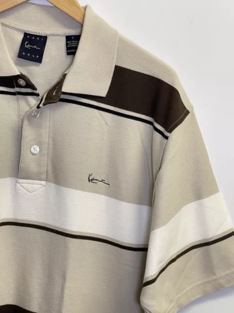 KARL KANI GOLD Polo Shirt Men's L Short Sleeve Beige/Brown Striped Logo ...