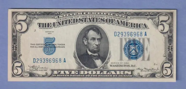 1934 Five Dollar Silver Certificate Large Blue Seal Note Old US $5 Bill