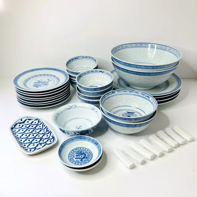 Chinese Dinner Set 36 Pieces Blue White Rice Grain Porcelain China Bowls Plates