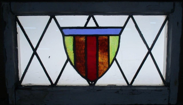 MIDSIZE OLD ENGLISH LEADED STAINED GLASS WINDOW Cute Shield 25.5" x 15" 2