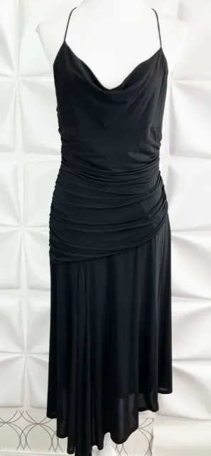 Laundry by Shelli Segal Sz 12 Black Ruched Slinky Asymmetrical Hem Dress Drape L