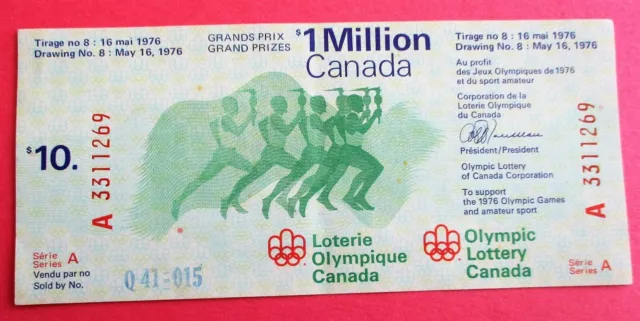 $10 Lottery Ticket for $1 Million Canada Olympic Lottery Draw No 8 May 16 1976