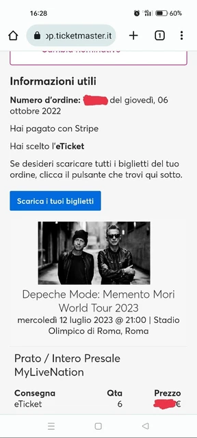 Biglietti  e-Ticket Depeche Mode Concerto Roma 12/07/2023 Stadio Olimpico