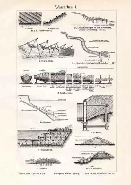 Wasserbau I. - II. historischer Druck Holzstich ca. 1912 Bildtafel Architektur